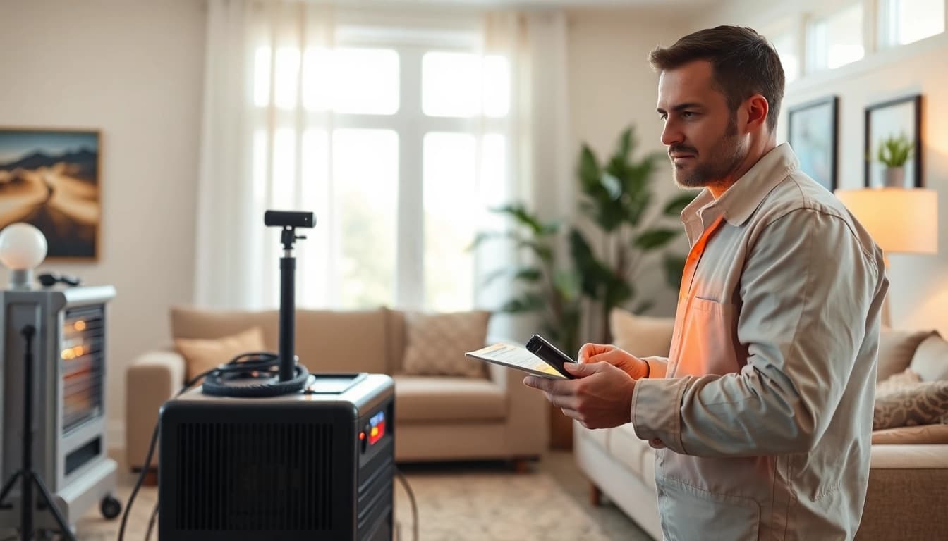 Technician performing bed bug heat treatment with specialized equipment in a bright living room.