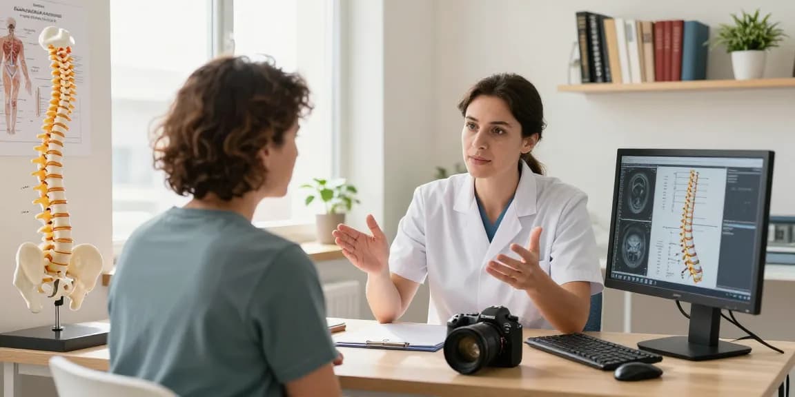 Patient discussing Bel kayması ameliyatı with an orthopedic surgeon in a clinical setting, focusing on treatment plans and spinal models.