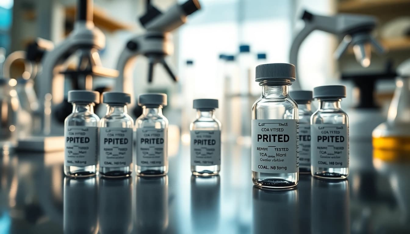 Showcase of COA tested peptides in a professional lab environment, highlighting precision and quality.