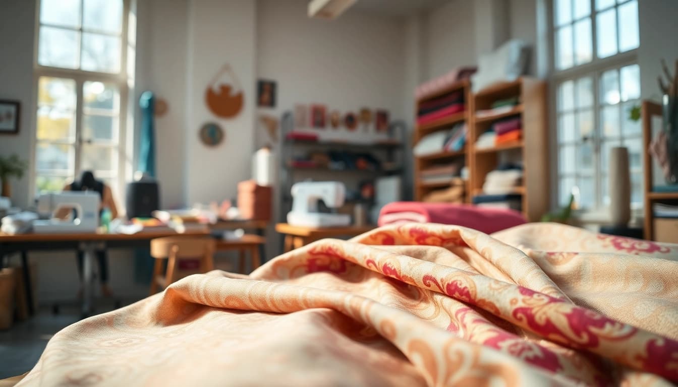 Explore diverse lap stof textures and colors in a vibrant textile studio, showcasing crafting possibilities.
