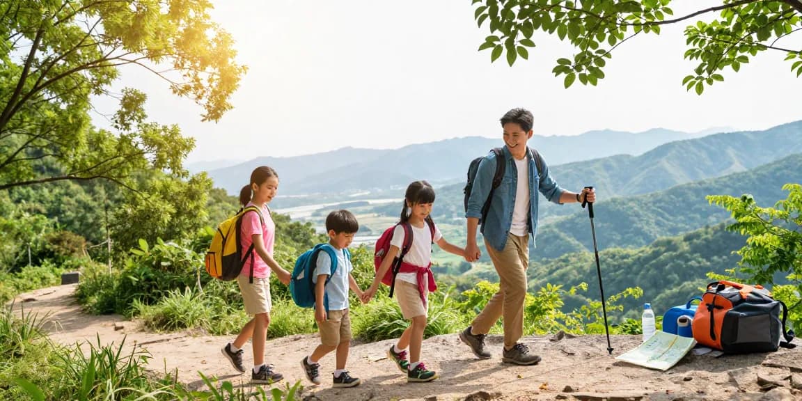 Family enjoying a hiking adventure in nature with mantra88 theme, showcasing outdoor exploration and family bonding