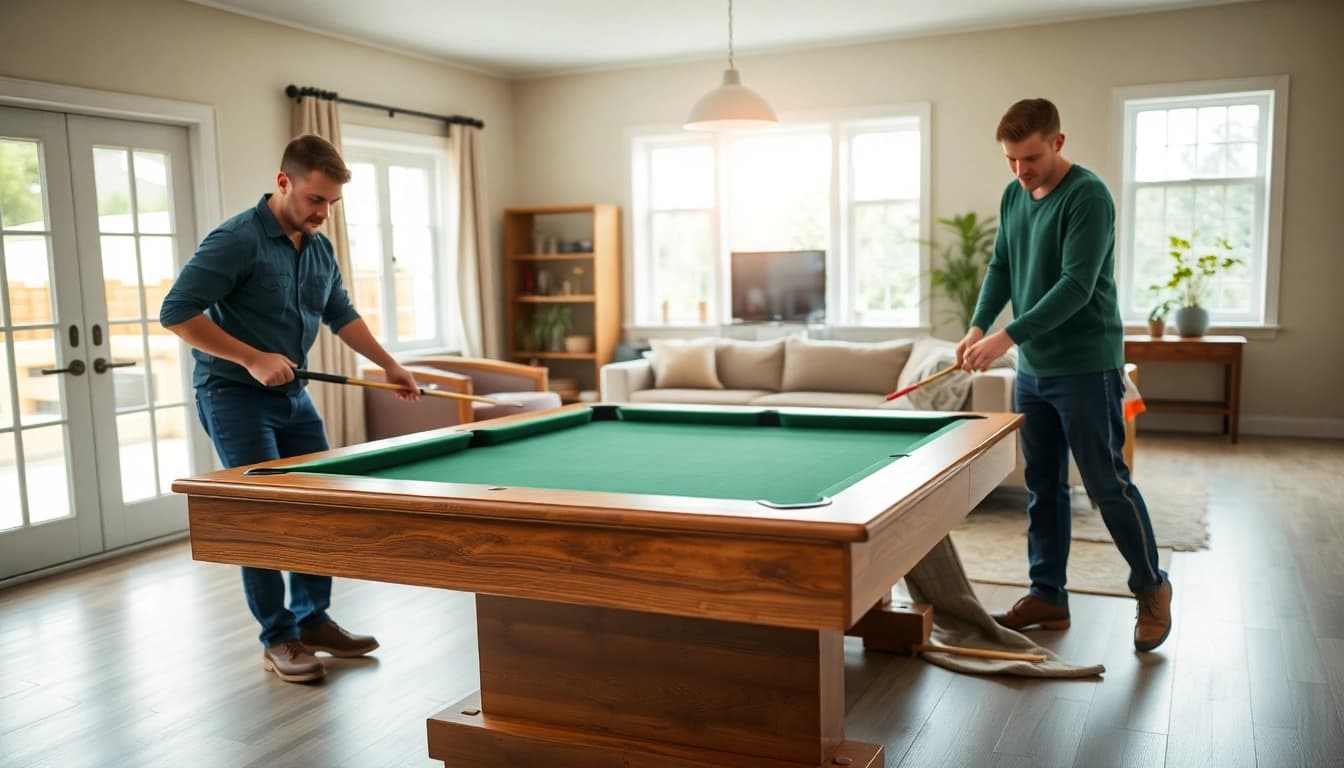 Engaging game table movers services demonstrating skilled disassembly of a pool table in a well-lit environment.