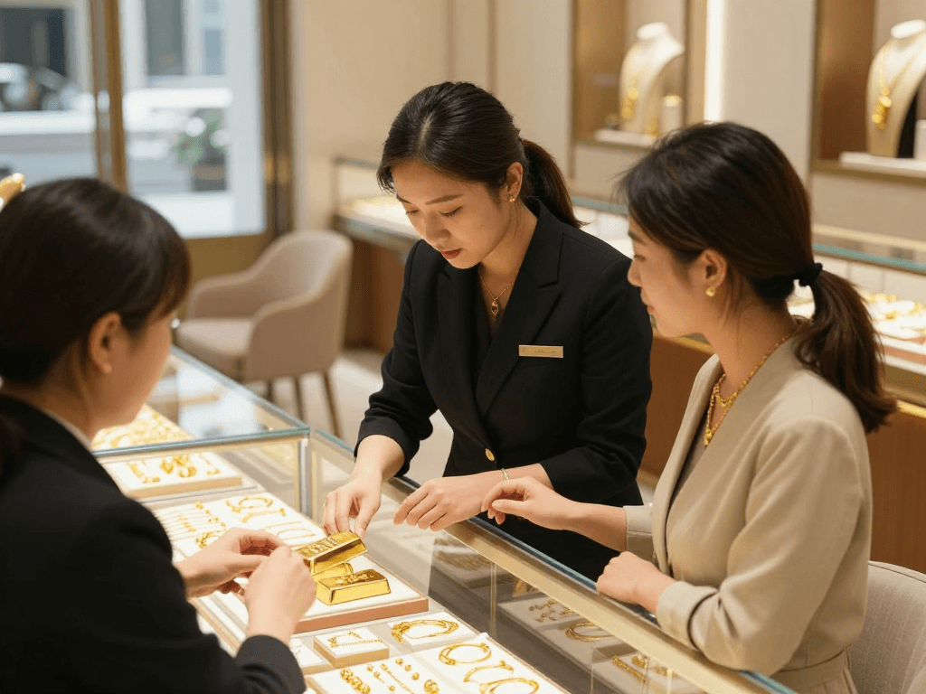 mantra88 customer purchasing gold jewelry in an elegant store