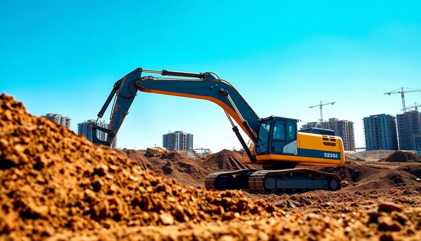 Excavator digging at a construction site showcasing its robust design and earthmoving capabilities.