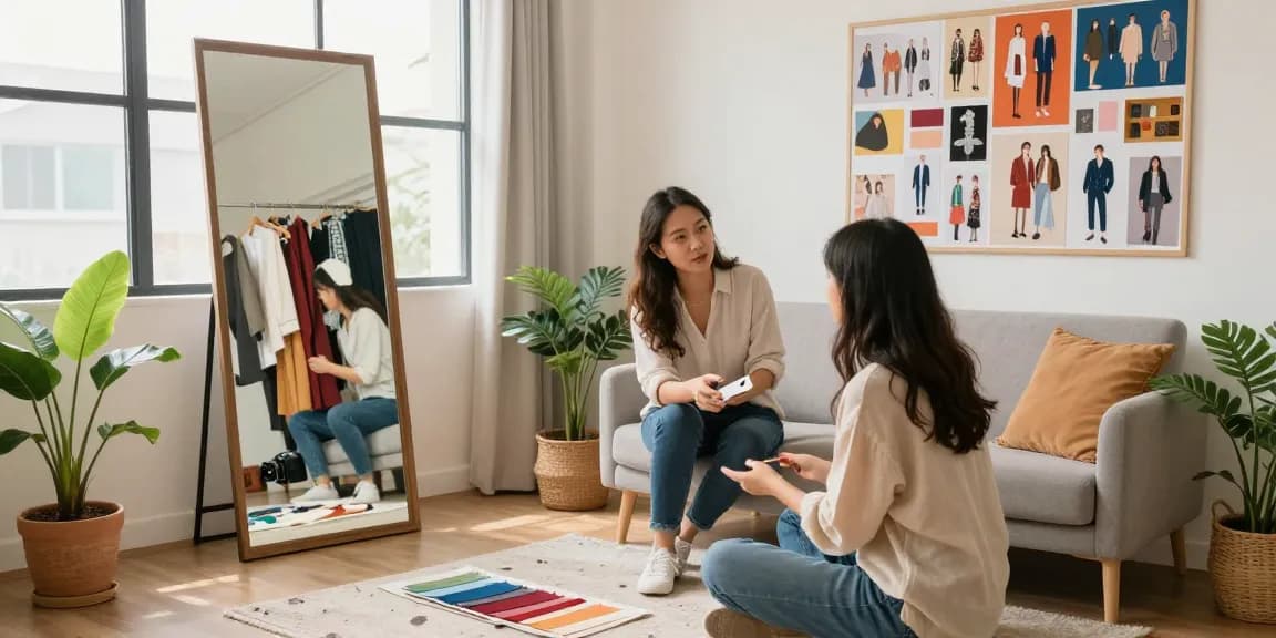 Consulenza d'immagine Milano, consulente e cliente in un ambiente accogliente mentre discutono di stile e abbigliamento.