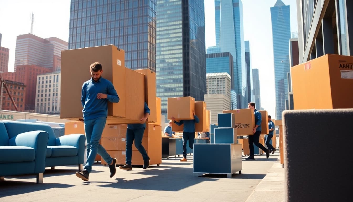 Streamlined commercial moving services NYC, showcasing professional movers efficiently handling office equipment.