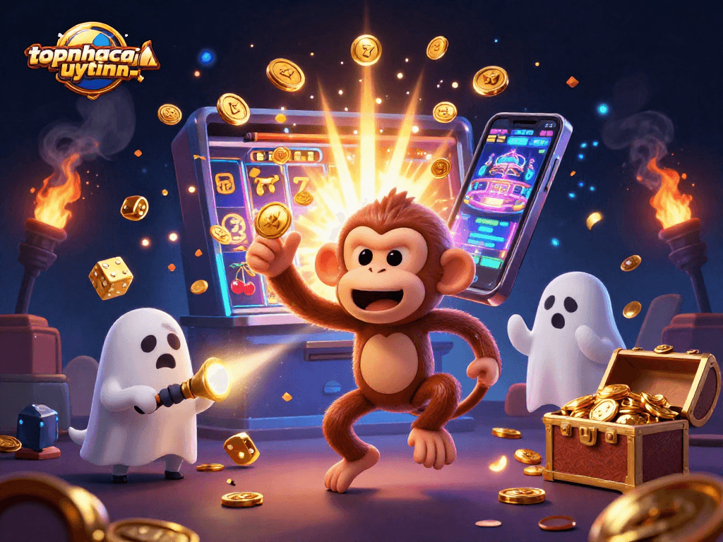 Engage in thrilling play at topnhacaiuytinn with dazzling slots, lucky dice, and a playful ghost-hunter puppy chasing coins.