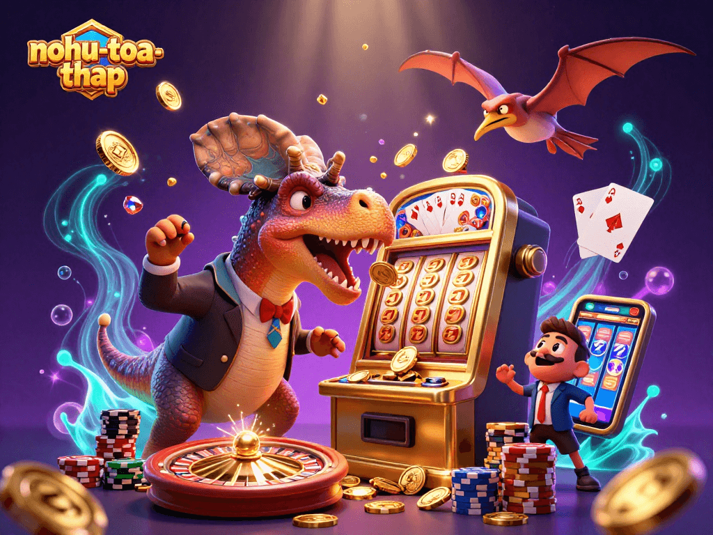 Experience nohu-toa-thap with a colorful scene featuring characters engaging with golden jackpot slots