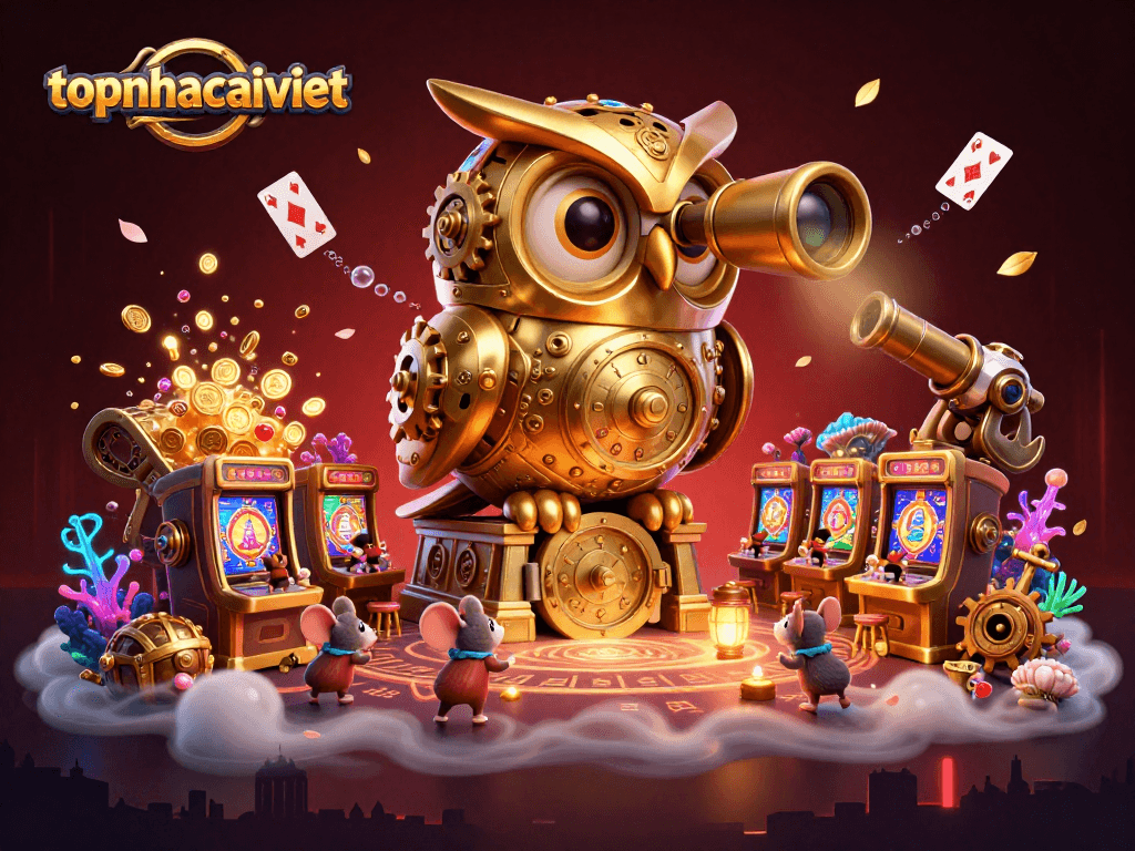 Experience thrilling gameplay at topnhacaiviet with a golden owl overseeing animated casino action.
