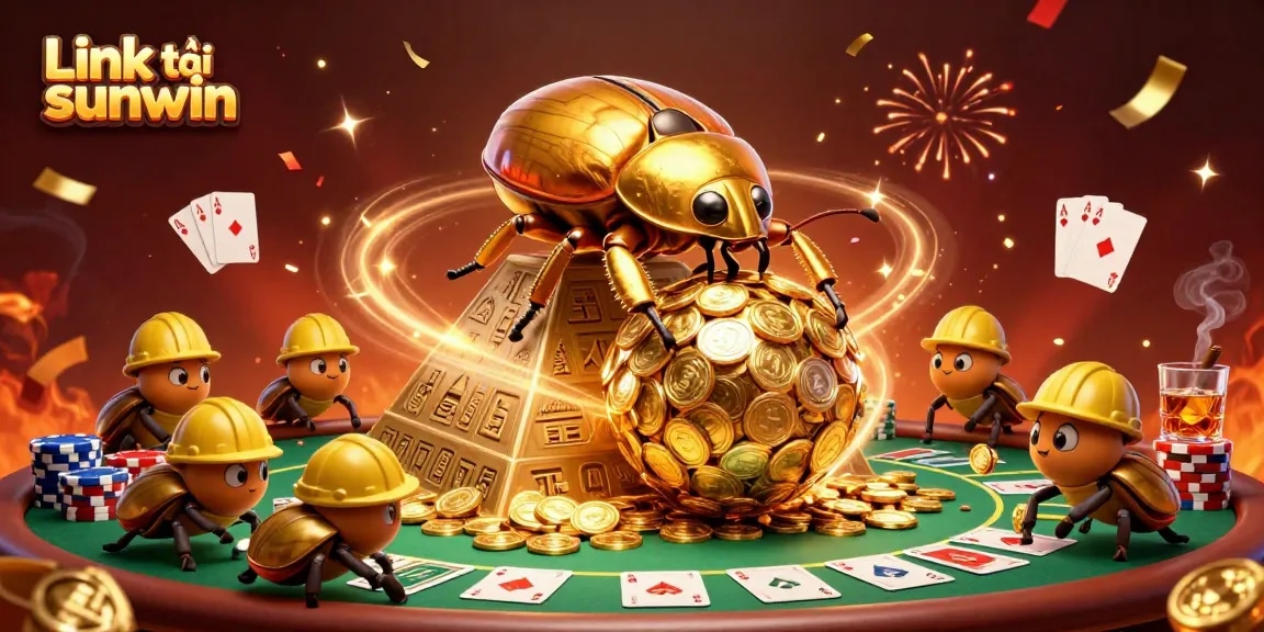 Experience the thrill of Link tải sunwin with a dynamic 3D scene of golden beetles and casino elements.