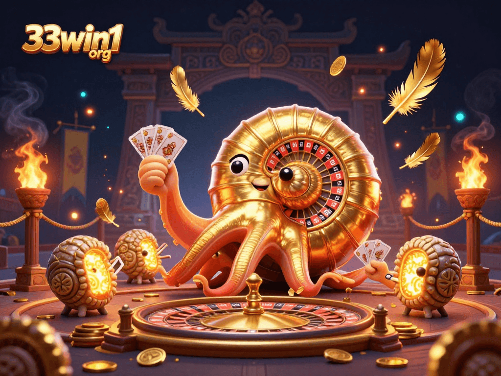 Experience the thrill of 33win1 org with a dynamic scene featuring a giant nautilus roulette wheel and glowing ammonite companions.