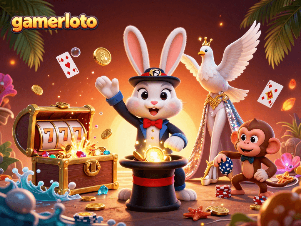 Experience gamerloto's winning moments with a vibrant 3D casino-themed illustration featuring engaging game elements.