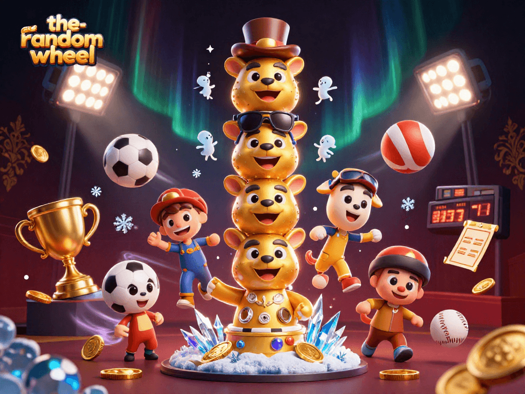 Engage with the-random-wheel's vibrant casino fun illustrated by a dynamic golden totem and sports elements.