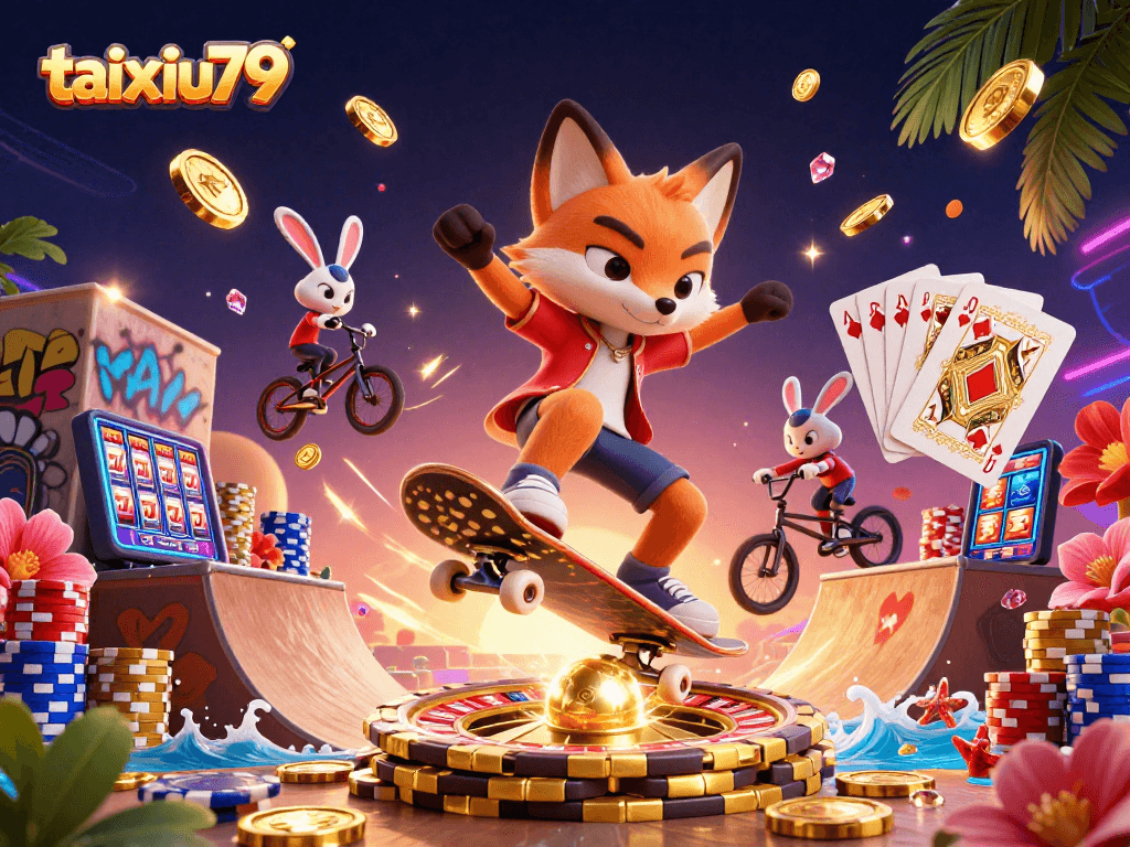 Engage with exciting taixiu79 actions featuring a skateboarder and BMX rabbit amidst casino thrill.