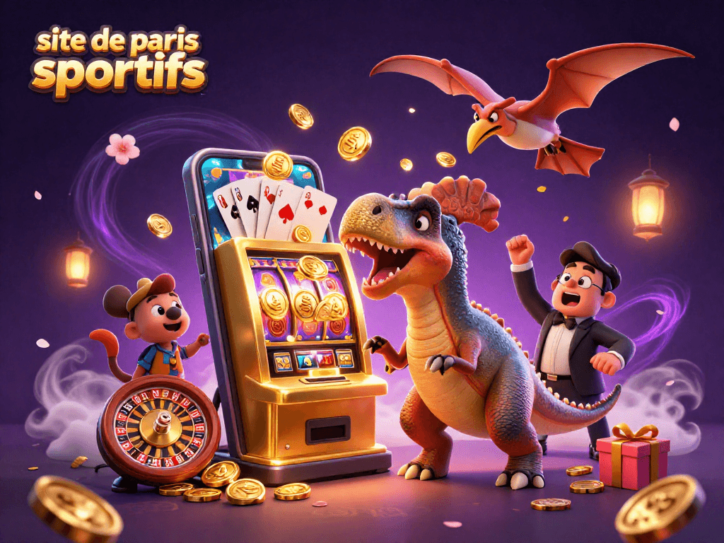 Placez vos paris sur le site de paris sportifs avec des personnages cartoon et une machine à sous en action.