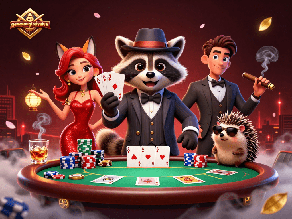 Experience gamenongtraivuive with a dynamic poker scene featuring cartoon characters and rich textures.