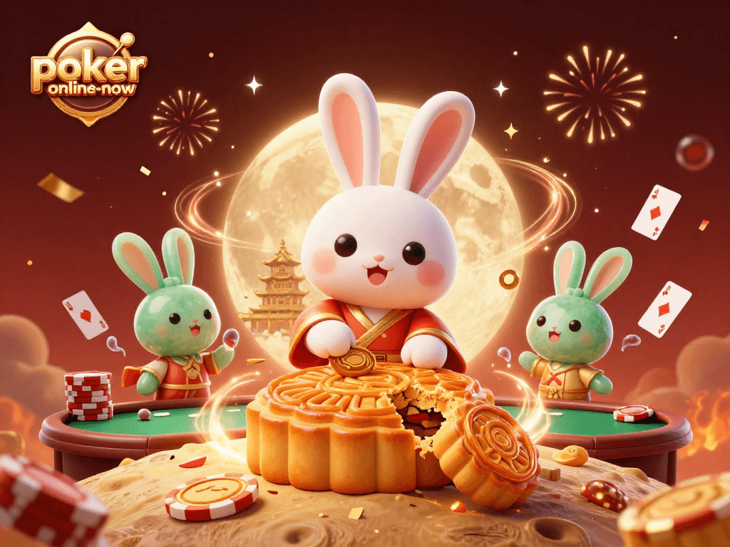 Poker-online-now showcases an enchanting scene with lunar rabbits revealing poker chips, portraying a vibrant online poker atmosphere.