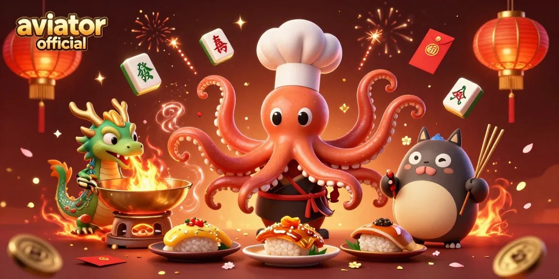 Aviator official: dynamic casino scene featuring a playful octopus chef and lucky dragon