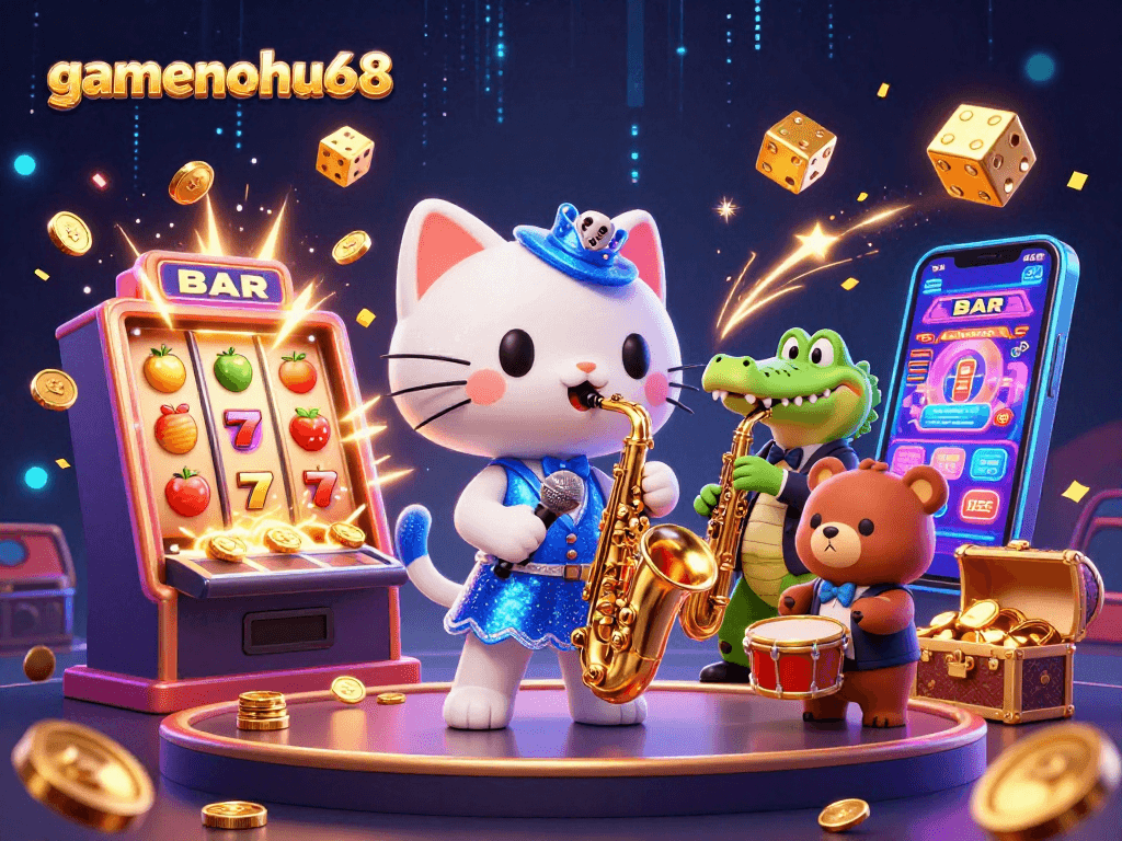 Engage in thrilling jackpots with gamenohu68 featuring a vibrant casino scene of lively characters.