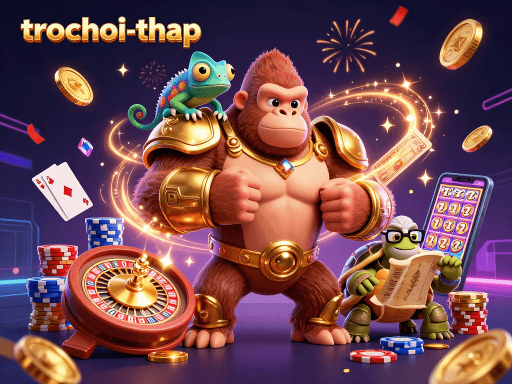 Experience thrilling gameplay in trochoi-thap with a vibrant scene of winning characters and casino elements.
