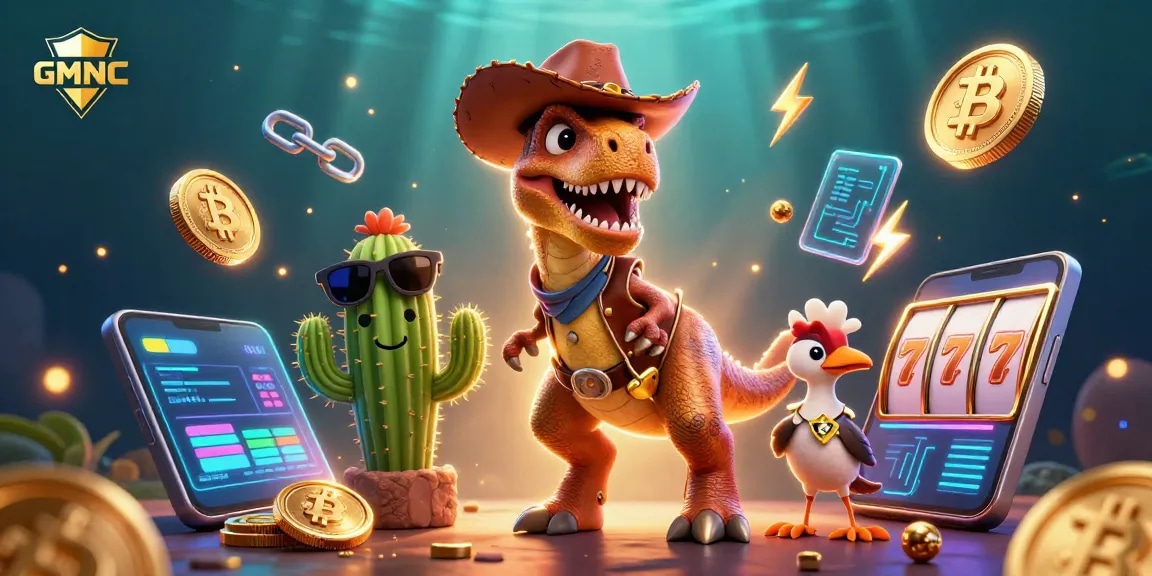 Engage with GMNC through dynamic casino gaming, as T-Rex and friends enjoy Bitcoin and slot reels.