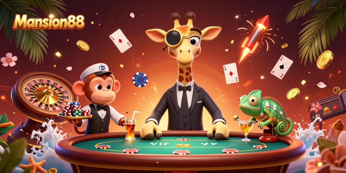 Mansion88 showcases a vibrant scene with a high-roller giraffe at a poker table, emphasizing lively gambling action.