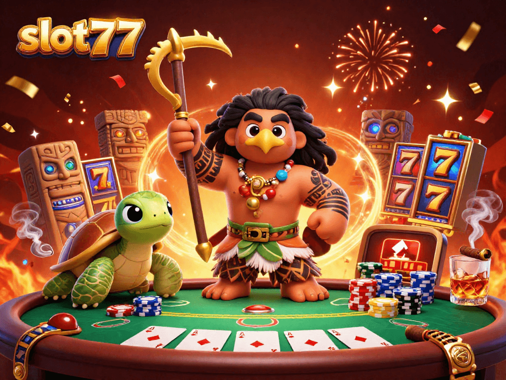 Experience the thrill of slot777 with a vibrant 3D cartoon gambling scene featuring lucky characters amidst golden jackpots.