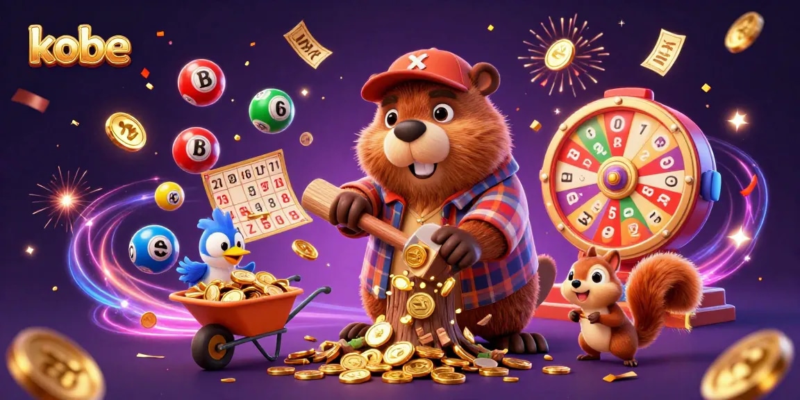 Kobe-inspired 3D cartoon illustration of a beaver and friends winning with golden coins and lottery elements.