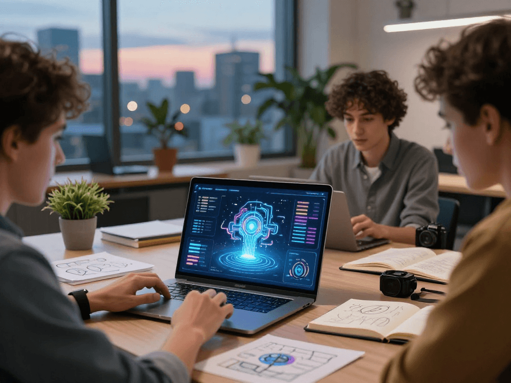 Engaged young adult exploring ai 18+ technologies in a futuristic workspace.