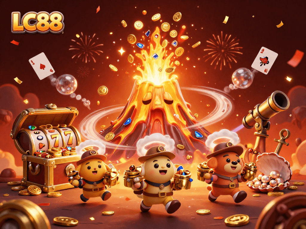 Win big with LC88's vibrant casino scene featuring treasures and gaming elements.