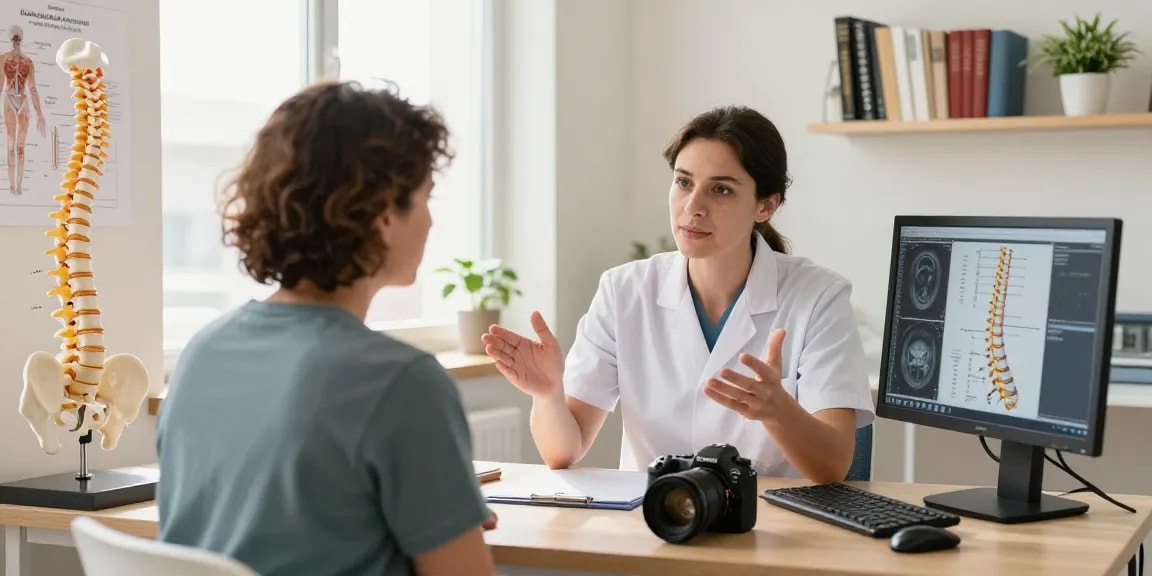 Patient discussing Bel kayması ameliyatı with an orthopedic surgeon in a clinical setting, focusing on treatment plans and spinal models.