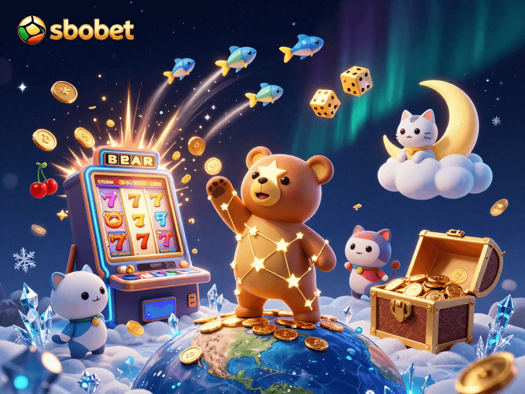 Scoop up sbobet winnings as a constellation bear reaches for coins amidst casino fun with vibrant imagery.