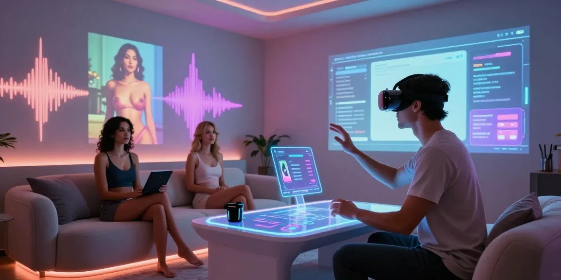 AI porn scene with user in VR headset engaging with interactive holograms.