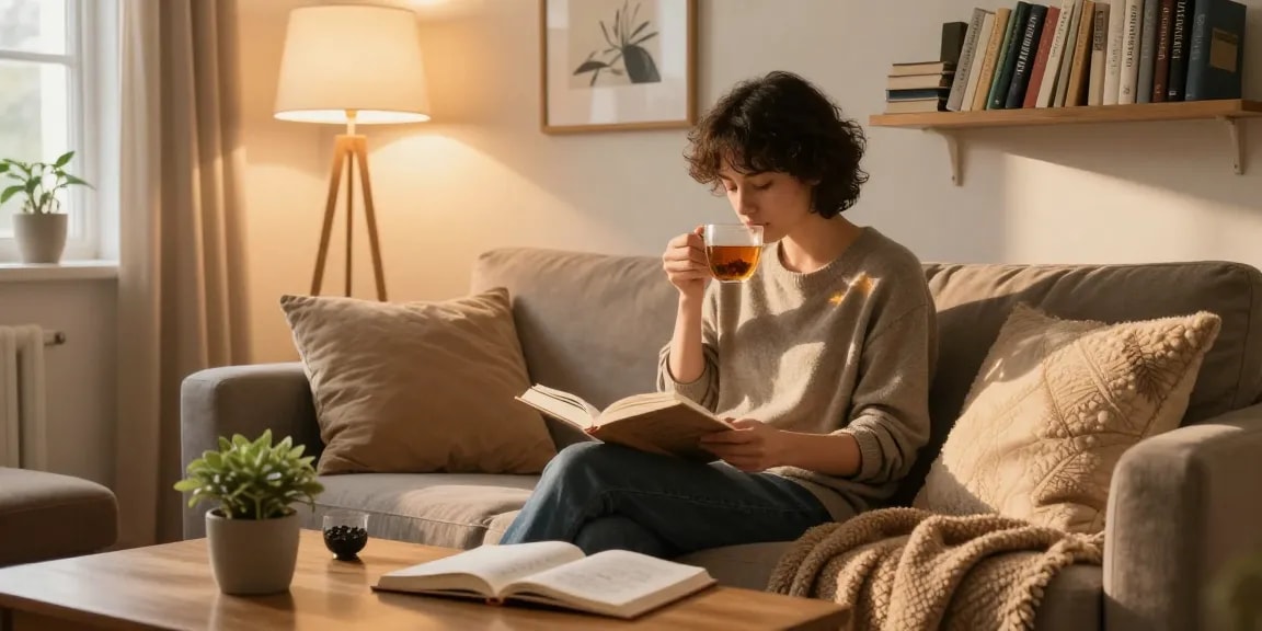 Read more on our blog in a cozy living room full of inspiring books and warm decor.