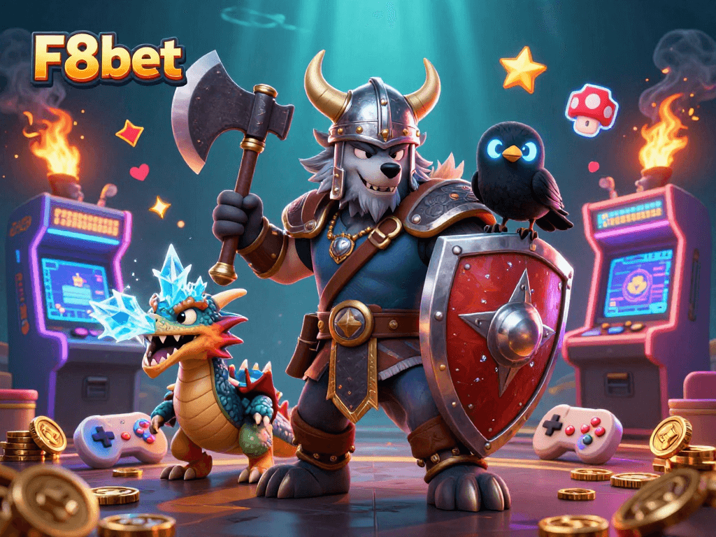 Experience epic adventures with F8bet's vibrant casino scene featuring game characters and elements.