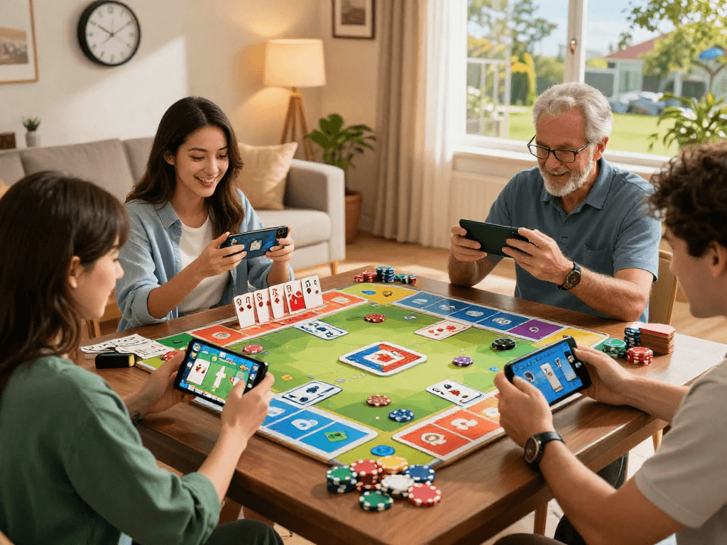 Players enjoying ramble rummy on mobile devices in a cozy living room with vibrant gameplay action.