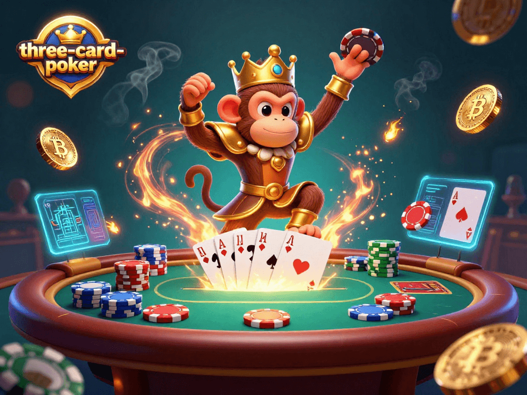 Engage in thrilling three-card-poker gameplay with vibrant elements in a lively casino atmosphere.