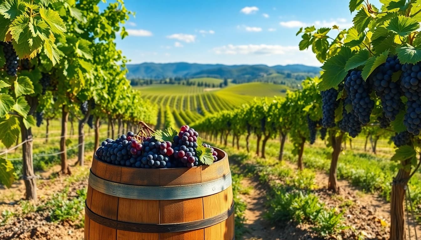 Harvesting bulk wine Clarksburg California from a sunny vineyard with lush grapevines.