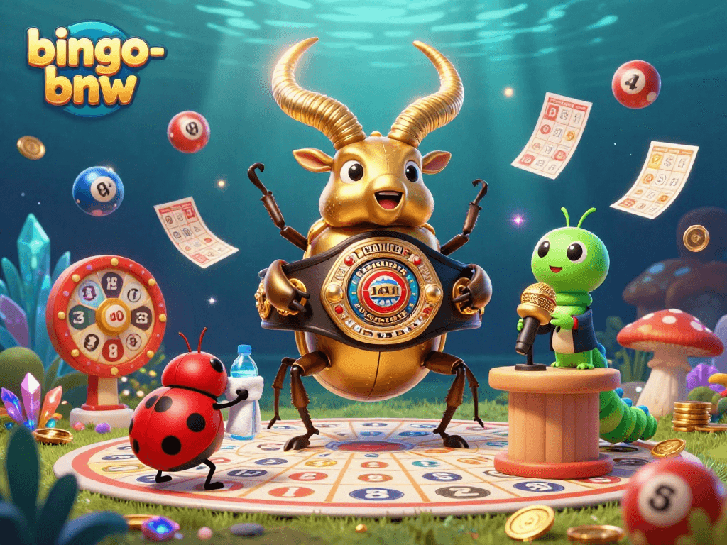 Engage in exciting bingo action with bingo-bnw's vibrant bingo scene showcasing a golden stag beetle champion.