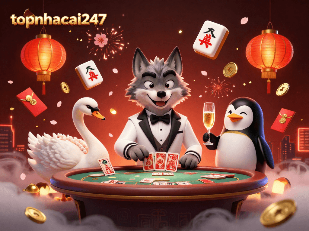 Join the thrilling experience at topnhacai247 with vibrant characters celebrating casino gaming.