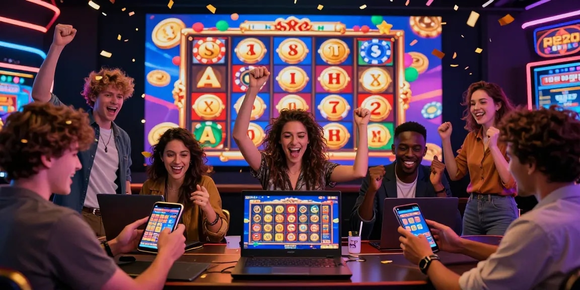 Players enjoying situs slot games online, celebrating a jackpot in a vibrant digital casino atmosphere.