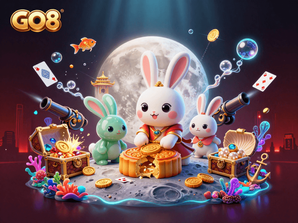 Experience GO8's dynamic gaming scene with a moon rabbit and treasures in a vibrant casino atmosphere.