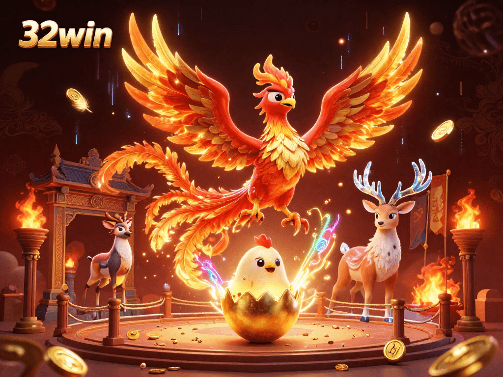 Experience thrilling gameplay at 32win with a fiery phoenix and mystical stag in an enchanting casino scene.