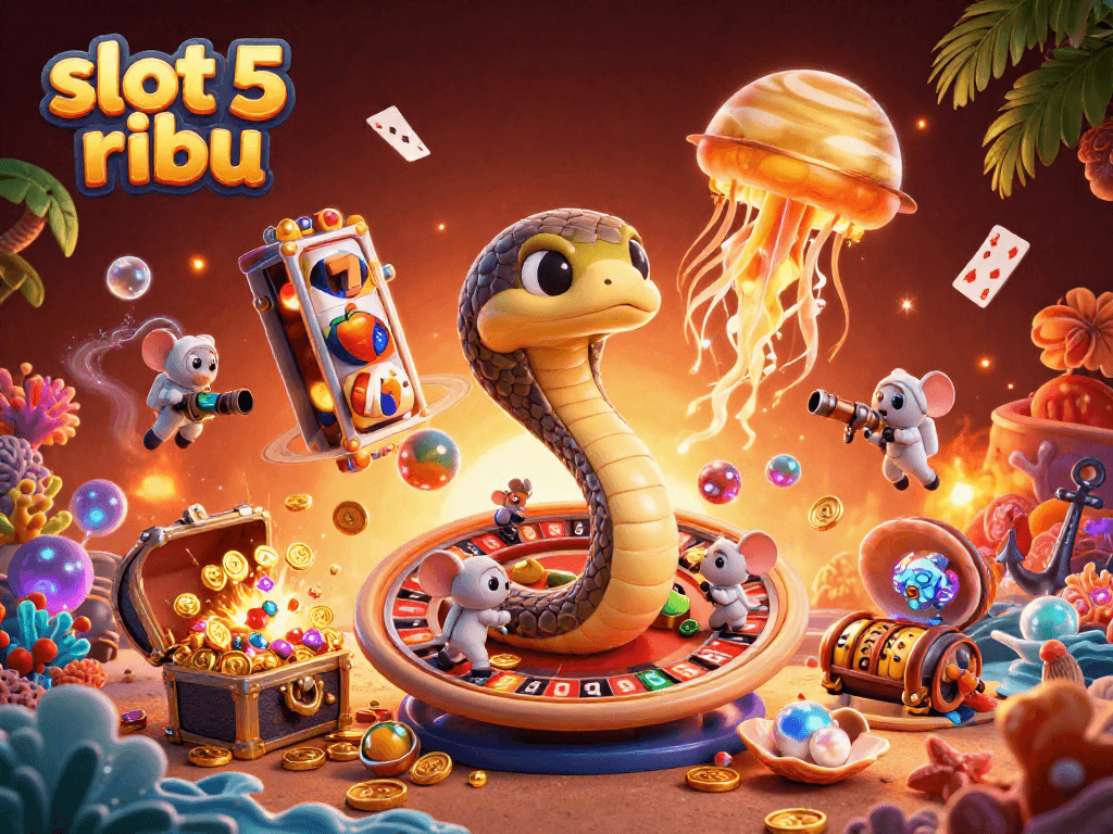 Engaging scene showcasing slot 5 ribu where cartoon characters interact in a vibrant online casino environment filled with slots and treasures.