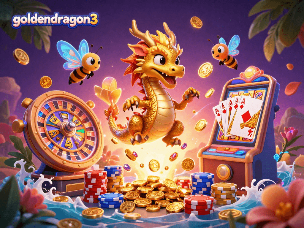 Experience goldendragon3 with a vibrant slot machine scene featuring a golden dragon, golden coins, and poker chips!