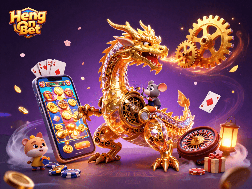 Experience the thrill of Heng Ong Bet with a golden dragon and exciting gaming elements in 3D.