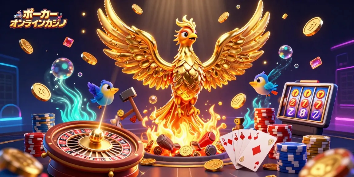 ポーカー オンラインカジノで楽しむために、豊富なゲーム要素が散りばめられた華やかなイラスト。