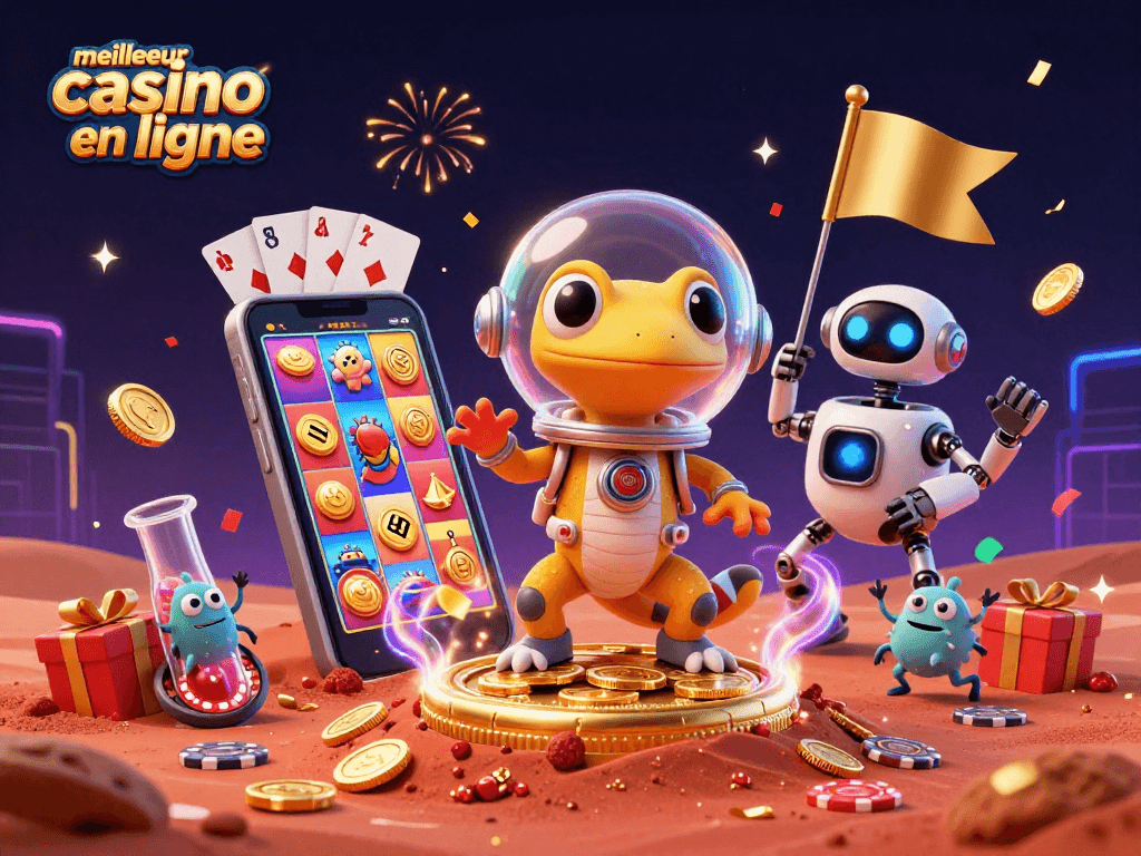 Découvrez le meilleur casino en ligne avec une scène dynamique et festive autour des jeux de casino.
