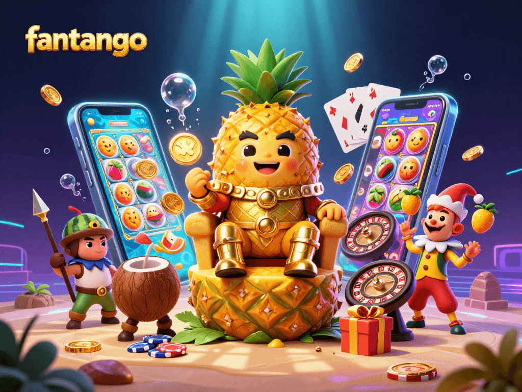 Experience fantango with an imaginative casino scene featuring a golden pineapple king and vibrant game elements.