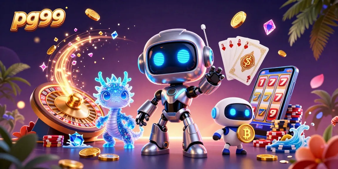 Experience thrilling gaming action at pg99 with vibrant robot mascots and dazzling casino elements.